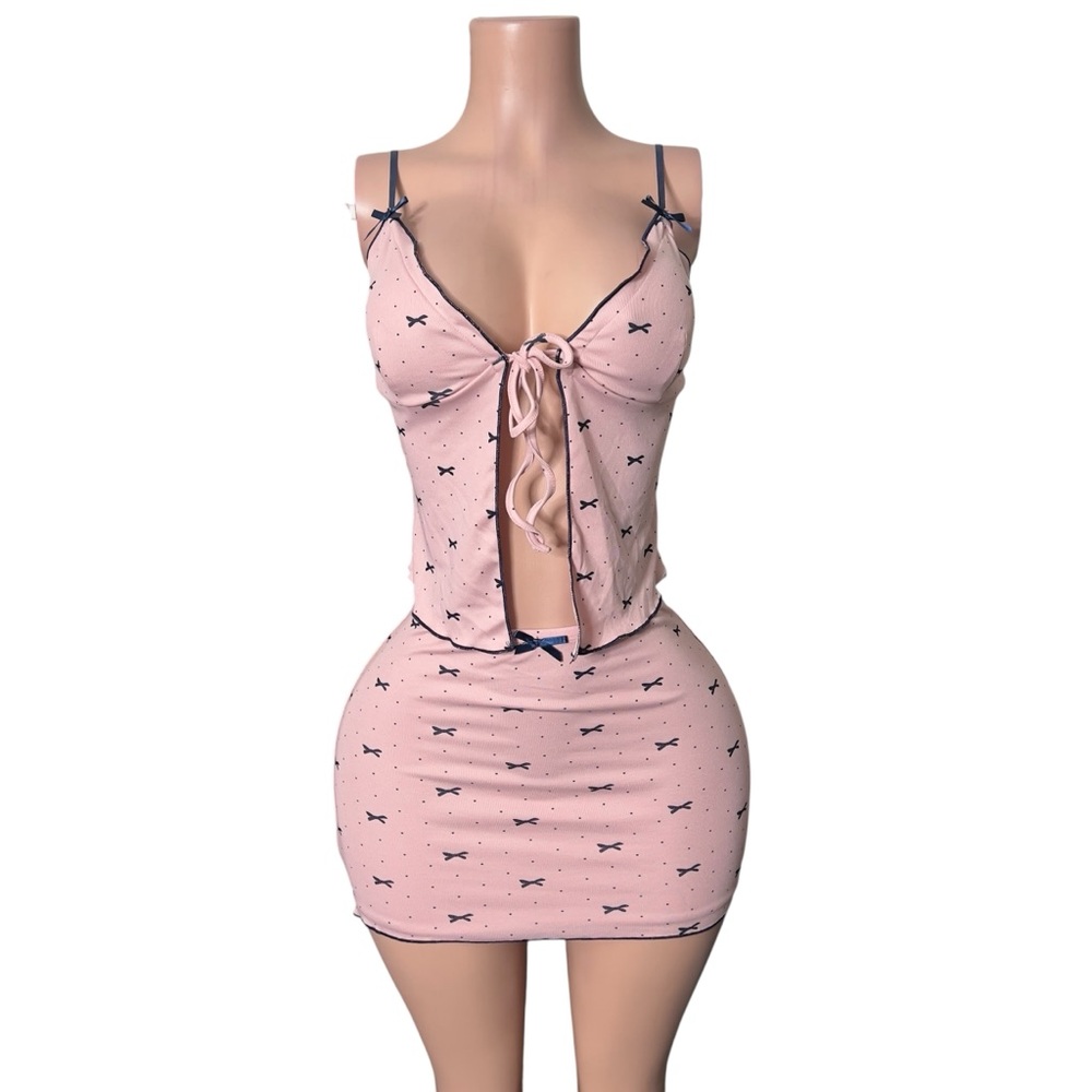 Pink Bow Pattern Skirt Set